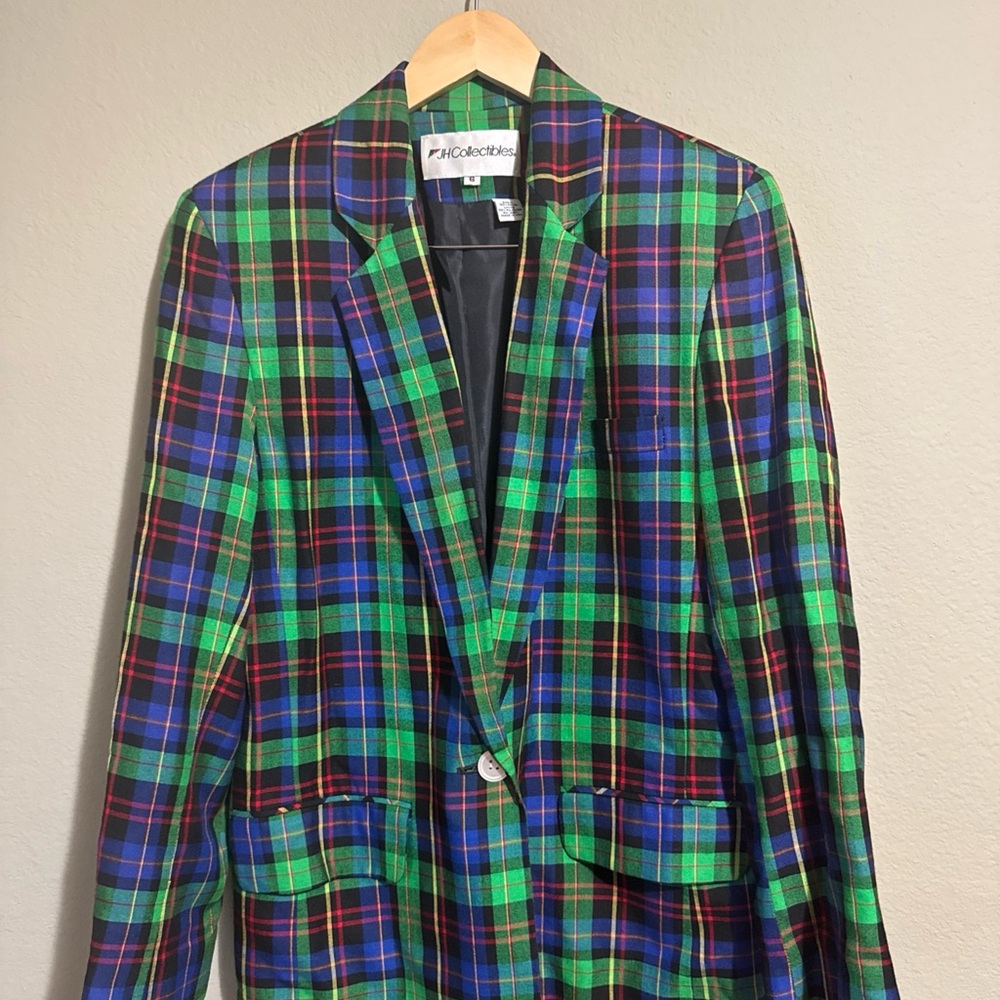 Vintage Plaid Blazer Womens Size 6 Green Blue Tartan Preppy Jacket